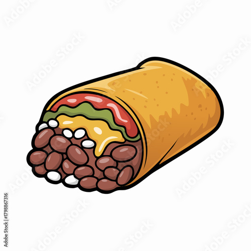 Mexican streetfood chimichanga. Colorful chimichanga With Beans Cheese Rice and Vegetables Inside a Mexican Style Tortilla Wrap