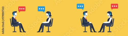 Customer service representatives providing support with speech bubbles, isolated on business communication and assistance concept