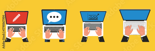Four laptop icons with hands typing on a yellow background, perfect for illustrating remote work, online communication, and digital content creation