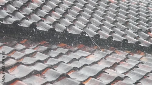heavy rain falling on the roof of the house