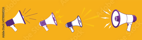 Collection of megaphone illustrations on a vibrant yellow background, perfect for announcements, marketing, or public relations, isolated on