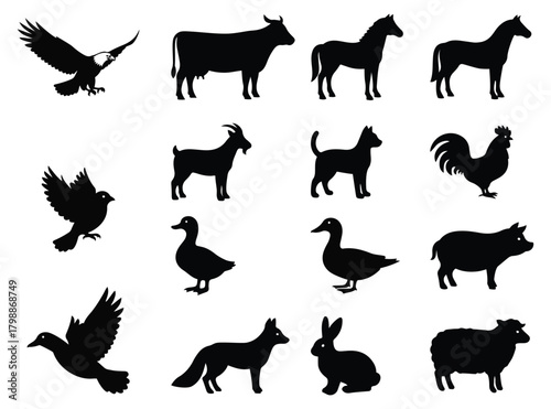 A variety of farm animal silhouettes including cow, horse, goat, sheep, rabbit, duck, and birds.