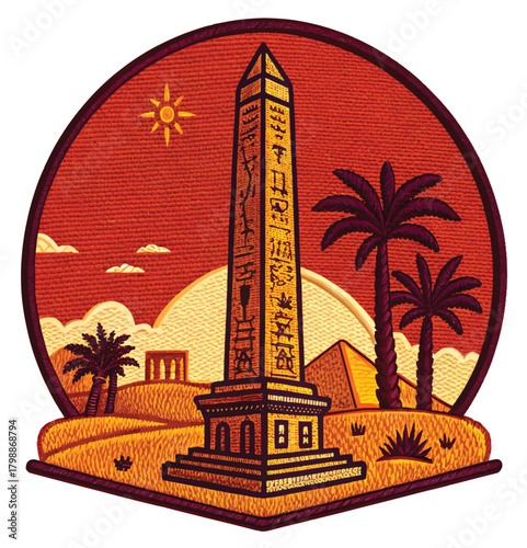 Explore the wonders of ancient Egyptian culture with this vibrant design featuring an obelisk, pyramids, and palm trees under a bright desert sun