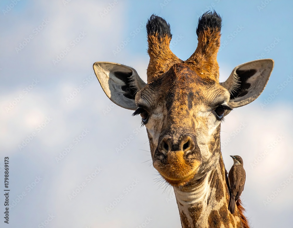 Naklejka premium Close-up of a giraffe's head with a small bird perched on its neck
