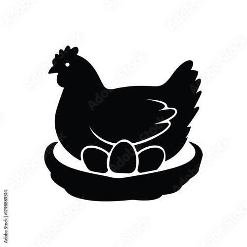 A hen sitting on eggs in a nest, shown in a clean silhouette style for farm and poultry designs.