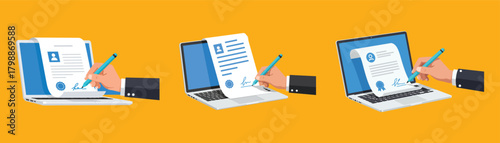 Illustrative set showcasing the digital signing process on laptops against a vibrant yellow backdrop, emphasizing modern document management and technology integration