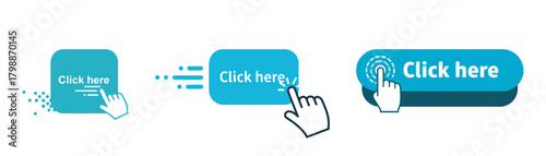 Set of click here button with hand pointer isolated on call to action button for website, banner, poster, flyer, and social media vector illustration