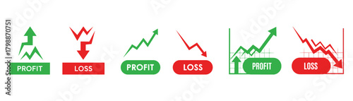 Profit and loss concept with green and red arrows, representing financial gains and losses, isolated on business and investment themes
