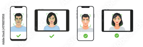 Face recognition technology on smartphones with successful scan and green checkmark isolated on biometric identification and security concept for mobile devices
