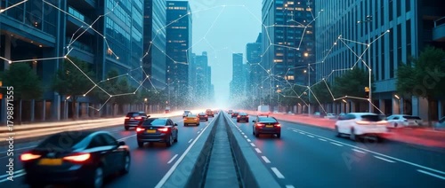 Dynamic city traffic flows through a futuristic street as digital lines pulse overhead; the camera tracks smoothly alongside, capturing the cinematic essence of urban innovation.
