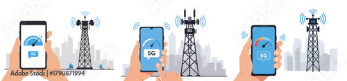 Illustrations showcasing the speed of 5g technology with smartphones, speedometers, and cellular towers against a city skyline, highlighting fast mobile internet connectivity isolated on
