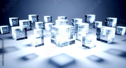 Array of luminous ice cubes casting soft shadows on a light blue