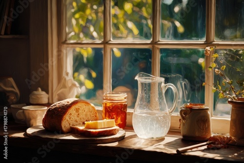 Sunlit kitchen window scene featuring fresh bread, butter, homemade jam, and a pitcher of water beside a charming view of nature