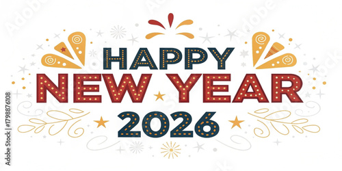 Happy New Year 2026 festive text with decorative elements celebration greeting