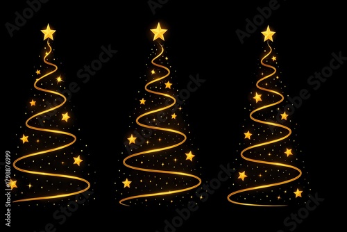 Realistic Spiral Light Christmas Trees Set with Golden Swirls and Stars on Black Background