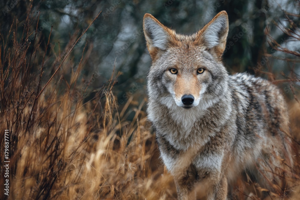 Obraz premium Coyote stands alert in the wild grass, showcasing its natural beauty and keen expression during the early morning light in a serene landscape