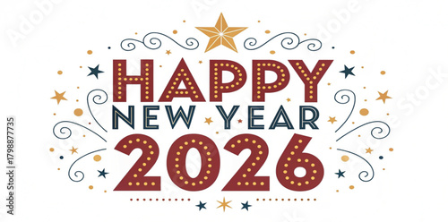Happy New Year 2026 festive celebration with stars and swirls vector