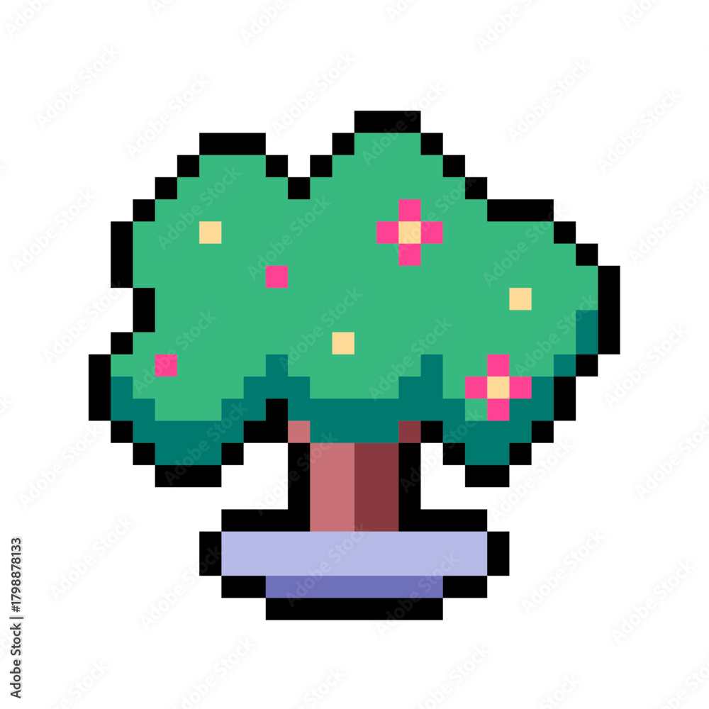 Obraz premium Miniature Tree Bonsai with Blooming Flowers, Pixel Art Icon, Isolated