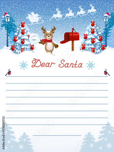 Letter template from Santa Claus with inscription "Dear Santa" and cartoon funny fawn deer and mailbox against winter forest background.