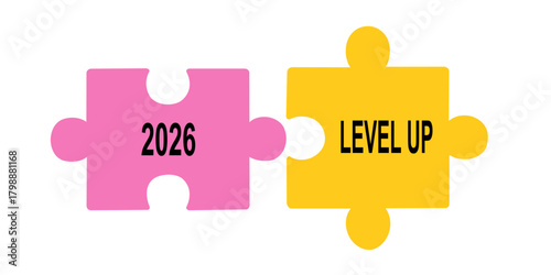 Vector illustration of two connected puzzle pieces with the words "2026" and "LEVEL UP".