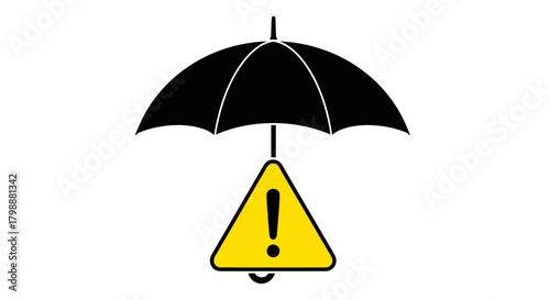 Black umbrella shields yellow hazard warning sign, symbolizing protection against risks and potential dangers.
