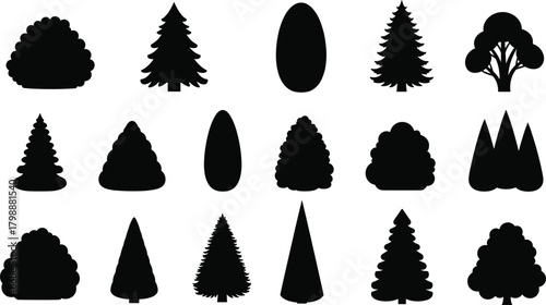 Tree silhouette icons, stylized tree shapes, coniferous and deciduous forms, nature graphic symbols, botanical illustration, forest design elements, landscape assets