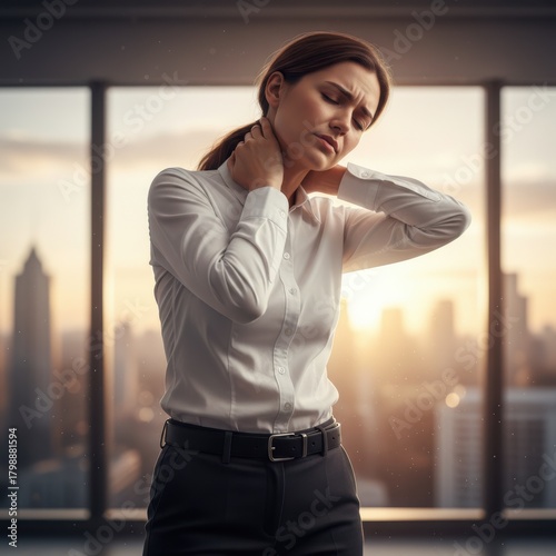Businesswoman suffering neck pain in modern office at sunset.