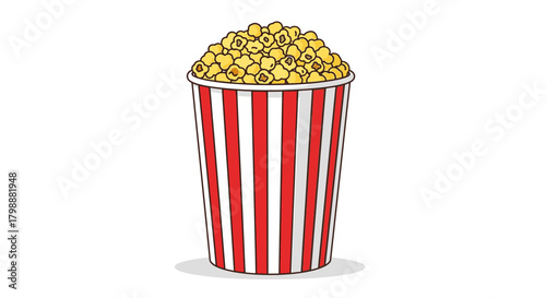 Crispy golden popcorn overflowing from a classic red and white striped movie theater bucket, perfect for cinema nights and snack time fun.