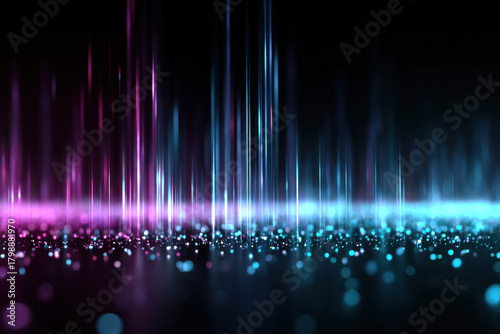 Digital background with neon particles and light waves