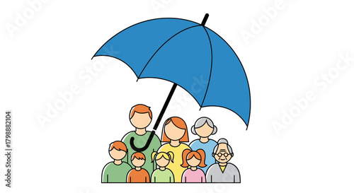 Diverse multi-generational family protected by a bright blue umbrella representing security, safety, and care
