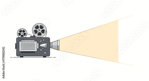 Vintage film projector casting a warm golden light beam, perfect for nostalgic movie nights and cinematic storytelling projects.