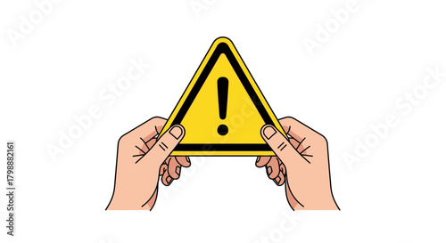 Hands holding prominent yellow warning sign with exclamation mark, signaling caution and urgent attention for safety alerts.