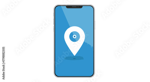 Modern smartphone displaying prominent location pin icon symbolizing navigation and digital mapping services for travel and business
