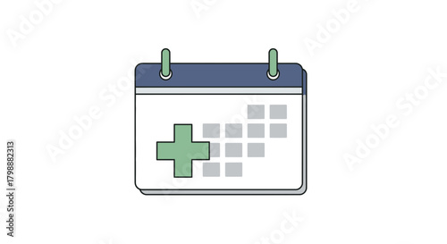 Modern healthcare calendar icon symbolizing appointments and medical planning with a prominent plus sign for health services.