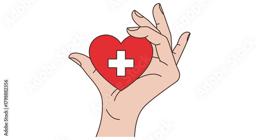 Caring hand gently holds red heart with white cross symbol, representing health and compassion, perfect for medical and charity themes