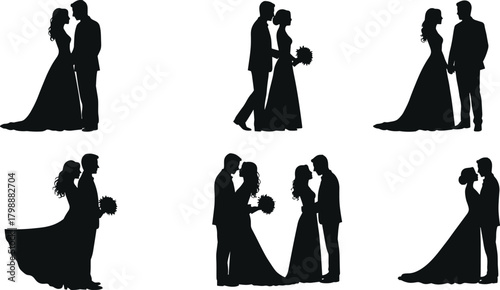 Wedding couple silhouettes, romantic bride groom poses, black vector illustration, love ceremony moment, bridal bouquet, marriage art, romance icons