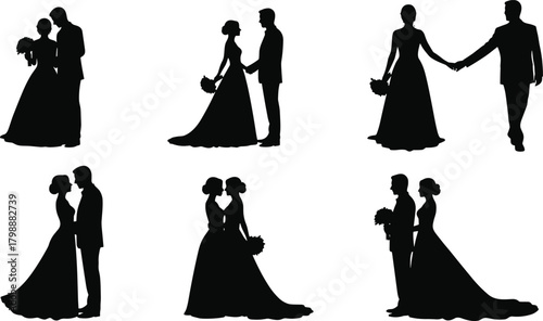 Wedding couple silhouettes, romantic poses, bride and groom vector, black love icons, marriage ceremony illustration, bridal dress, bouquet art