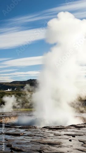 Wallpaper Mural Erupting geothermal geyser releasing towering steam over mineral terraces at a wild landscape. Torontodigital.ca