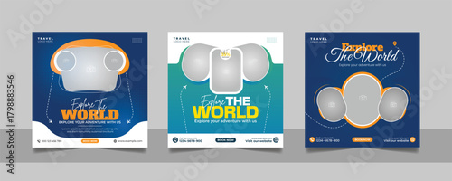 Travel tour agency promotion banner traveling business marketing social media post square flyer template set
