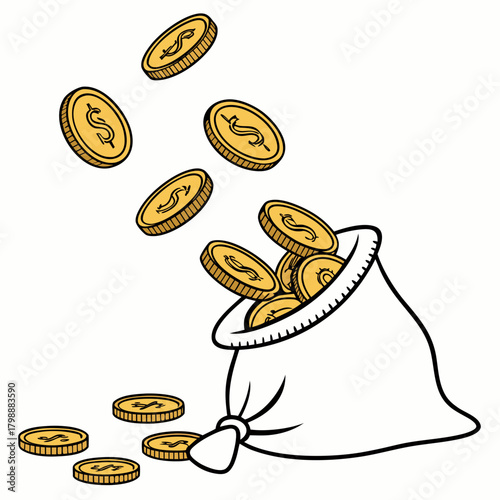 Cartoon illustration of a white money bag spilling out golden dollar coins onto a white background