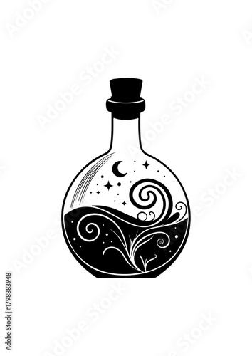 Magic Potion Bottle with Celestial and Swirls Design