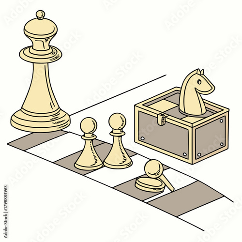 Chess pieces including a king pawns and a knight in a box on a chessboard