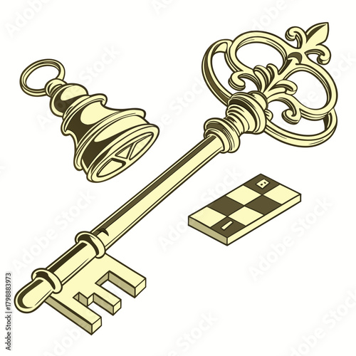 Ornate antique golden key with a bell shaped charm and a small checkerboard tile