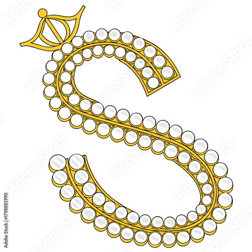 Elegant golden letter s adorned with lustrous pearls and a regal crown embellishment