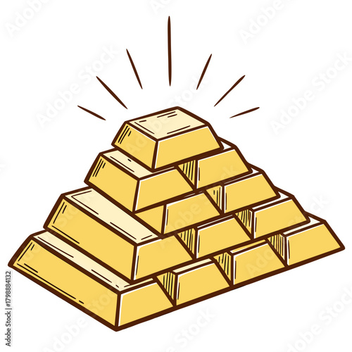 A pyramid of shiny gold bars stacked high with radiating lines indicating wealth and prosperity