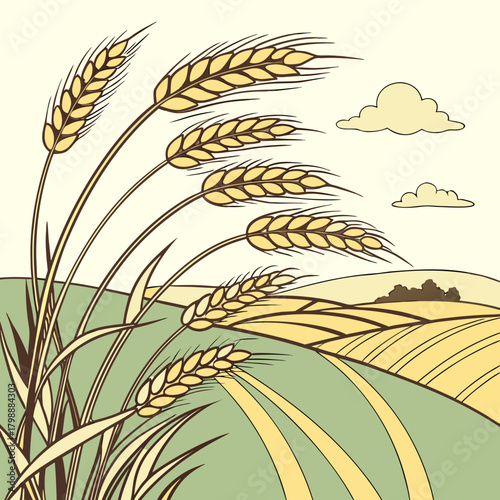 Golden wheat stalks sway gently in the breeze across a picturesque rural landscape with rolling hills and clouds