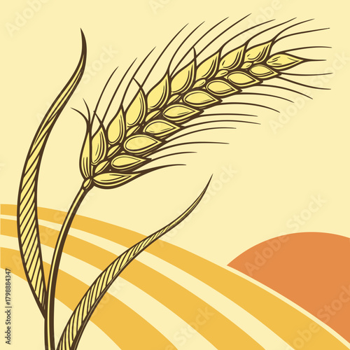 Stylized illustration of a golden wheat stalk with leaves against a warm background of abstract fields and a setting sun