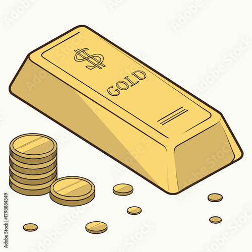 A golden bar of gold with a dollar sign and the word gold stamped on it alongside scattered gold coins