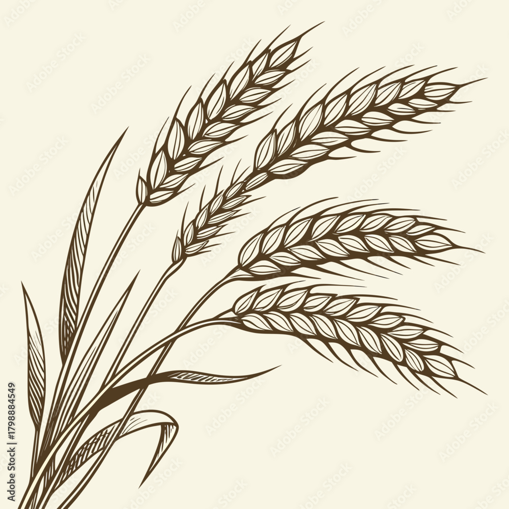 Obraz premium Detailed sepia toned sketch of mature wheat stalks with leaves and grains on a light background