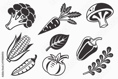 Collection of Black and White Vegetable Icons and Illustrations broccoli carrot